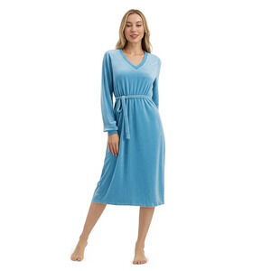 Vintage House Dress Womens Medium Light Blue Robe V-Neck Embroidered Floral Cozy